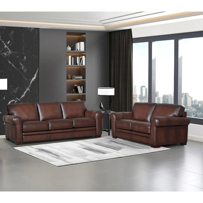 Brown Top Grain Leather Sofa with Track Arms