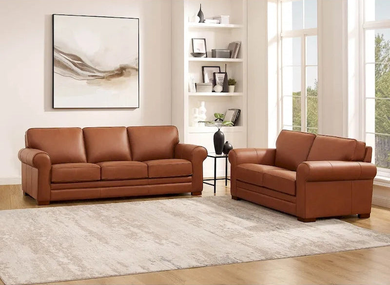 Brown Top Grain Leather Sofa with Track Arms