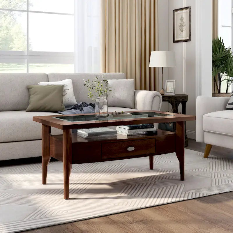 Genoas Traditional Walnut 44-inch 1-Drawer Glass Coffee Table by Furniture of America