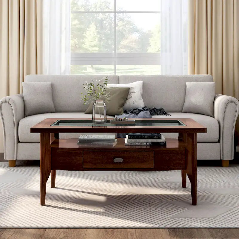 Traditional walnut 44-inch single-drawer glass coffee table
