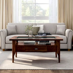 Traditional walnut 44-inch single-drawer glass coffee table