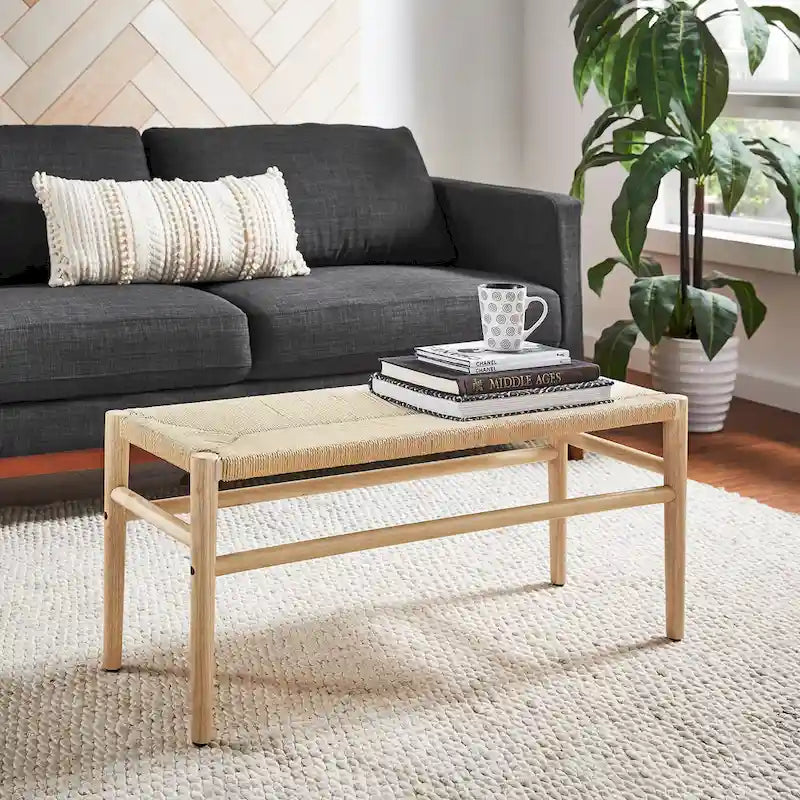 Natural Wood Bench with Woven Rope Seat - 2 Person