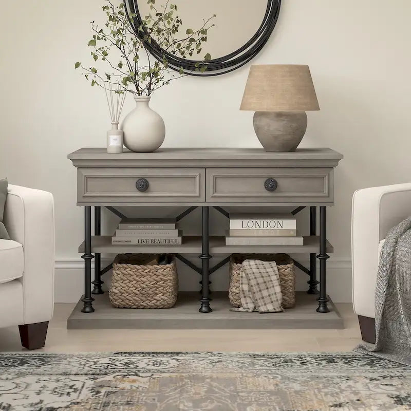 Industrial Console Table with 2 Drawers and Shelves