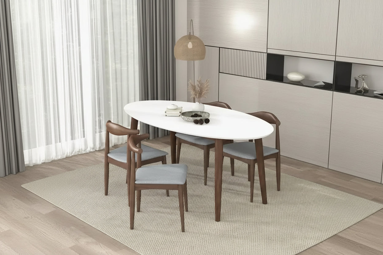 Rivoli Mid Century Modern Solid Wood Oval Dining Table in White - 67 inches