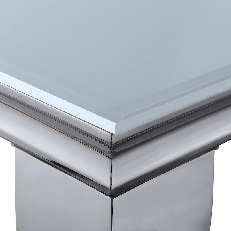 79-inch chrome-legged glass tabletop dining table
