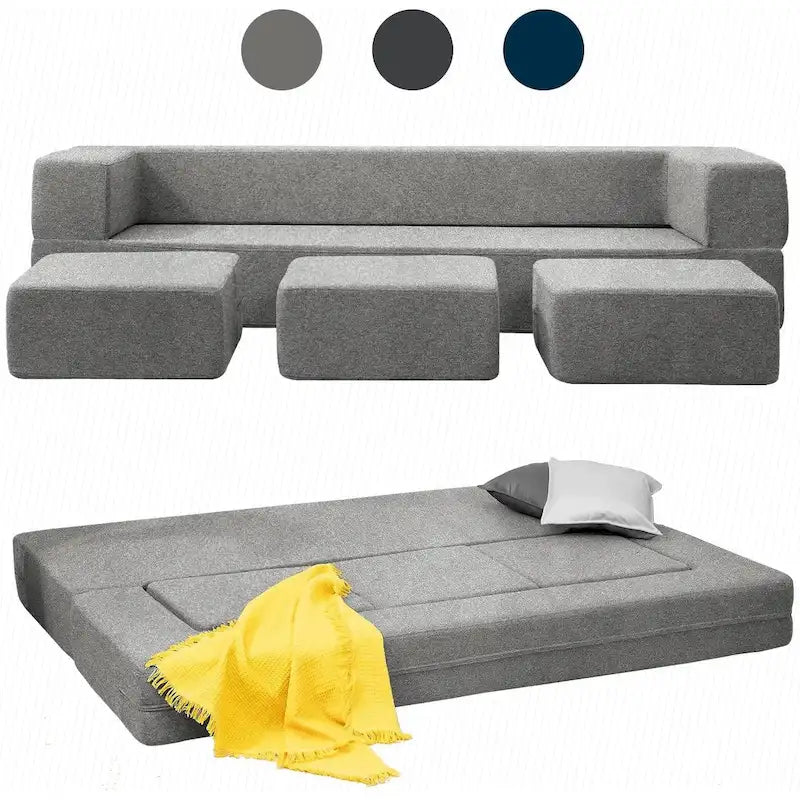 Queen Convertible Velvet Futon Sofa Bed with 3 Ottomans,Memory Foam,Foldable Mattress Floor Couch Sofa