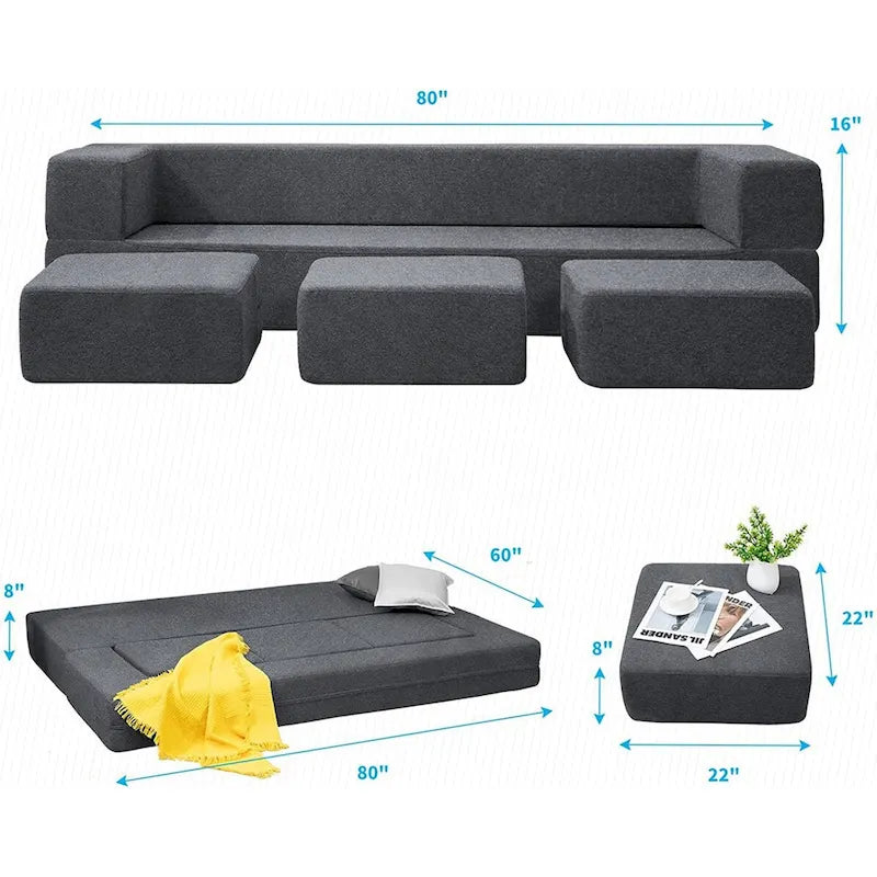 Queen Convertible Velvet Futon Sofa Bed with 3 Ottomans,Memory Foam,Foldable Mattress Floor Couch Sofa