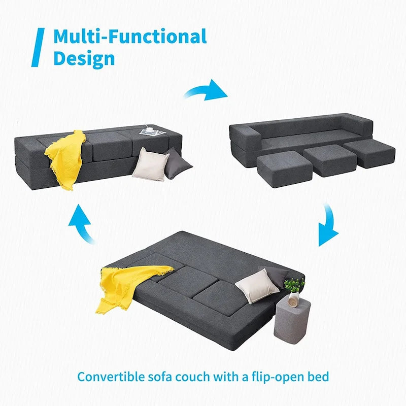 Queen Convertible Velvet Futon Sofa Bed with 3 Ottomans,Memory Foam,Foldable Mattress Floor Couch Sofa