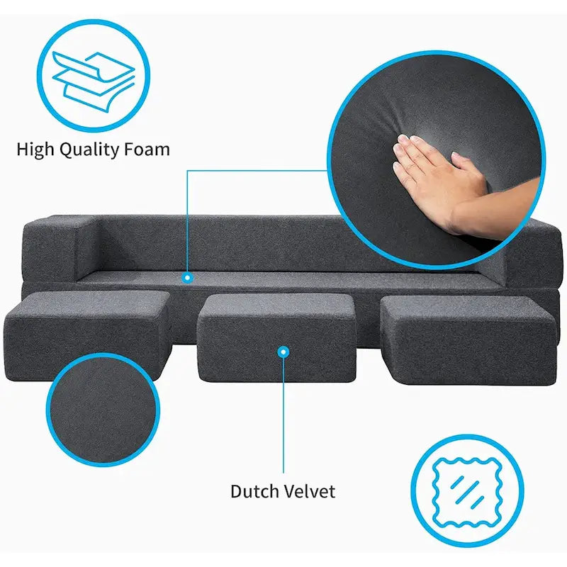 Queen Convertible Velvet Futon Sofa Bed with 3 Ottomans,Memory Foam,Foldable Mattress Floor Couch Sofa