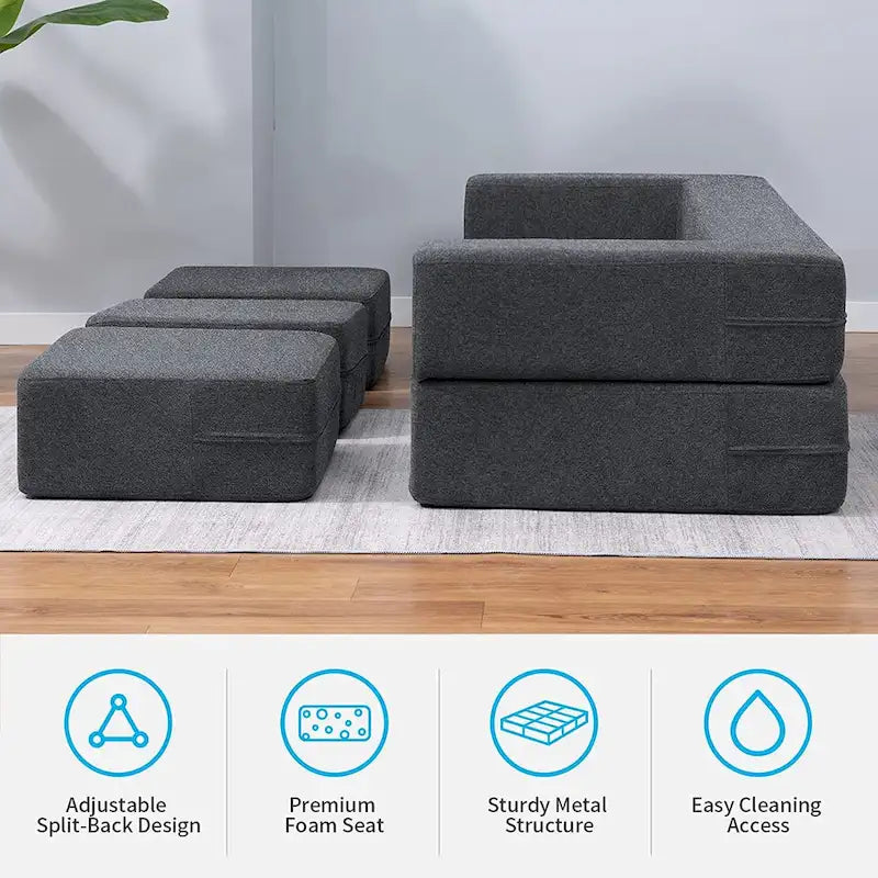 Queen Convertible Velvet Futon Sofa Bed with 3 Ottomans,Memory Foam,Foldable Mattress Floor Couch Sofa