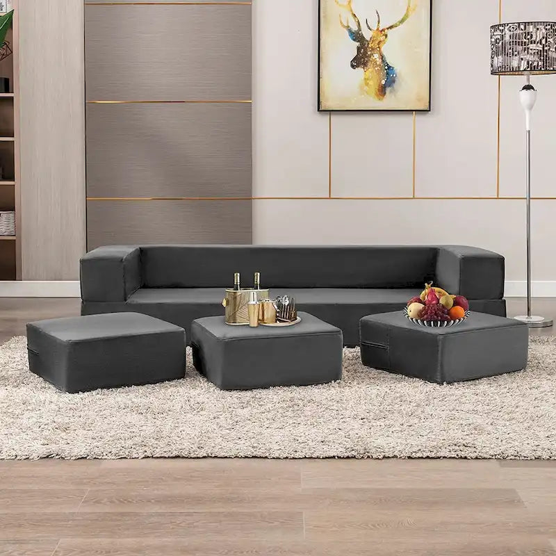 Queen Convertible Velvet Futon Sofa Bed with 3 Ottomans,Memory Foam,Foldable Mattress Floor Couch Sofa