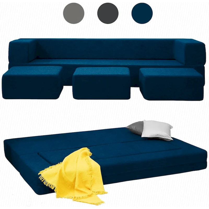 Queen Convertible Velvet Futon Sofa Bed with 3 Ottomans,Memory Foam,Foldable Mattress Floor Couch Sofa