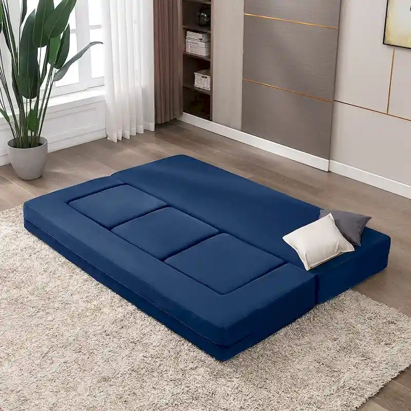 Queen Convertible Velvet Futon Sofa Bed with 3 Ottomans,Memory Foam,Foldable Mattress Floor Couch Sofa