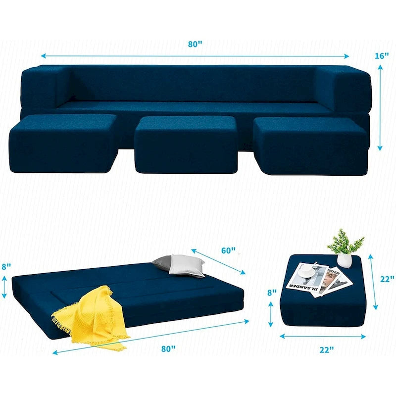 Queen Convertible Velvet Futon Sofa Bed with 3 Ottomans,Memory Foam,Foldable Mattress Floor Couch Sofa