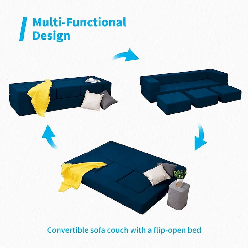 Queen Convertible Velvet Futon Sofa Bed with 3 Ottomans,Memory Foam,Foldable Mattress Floor Couch Sofa