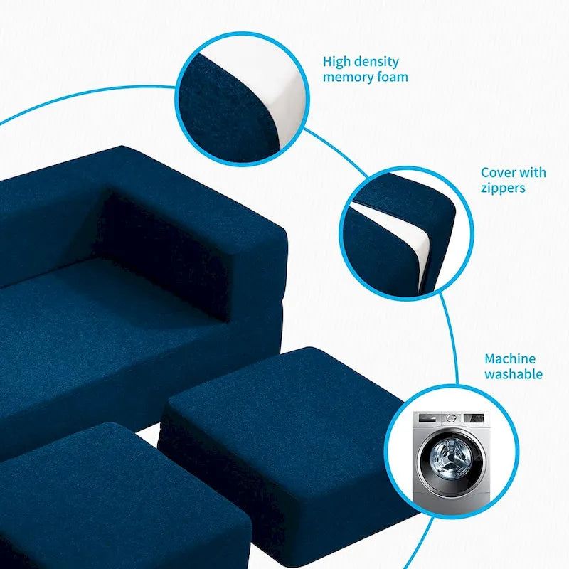 Queen Convertible Velvet Futon Sofa Bed with 3 Ottomans,Memory Foam,Foldable Mattress Floor Couch Sofa