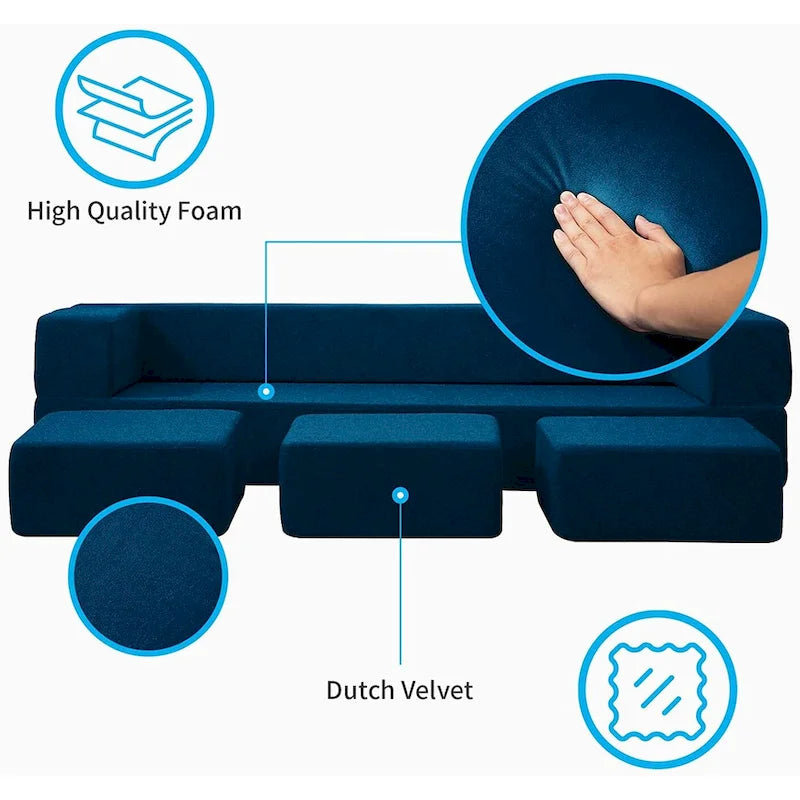 Queen Convertible Velvet Futon Sofa Bed with 3 Ottomans,Memory Foam,Foldable Mattress Floor Couch Sofa