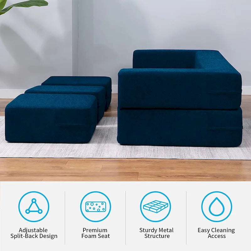 Queen Convertible Velvet Futon Sofa Bed with 3 Ottomans,Memory Foam,Foldable Mattress Floor Couch Sofa
