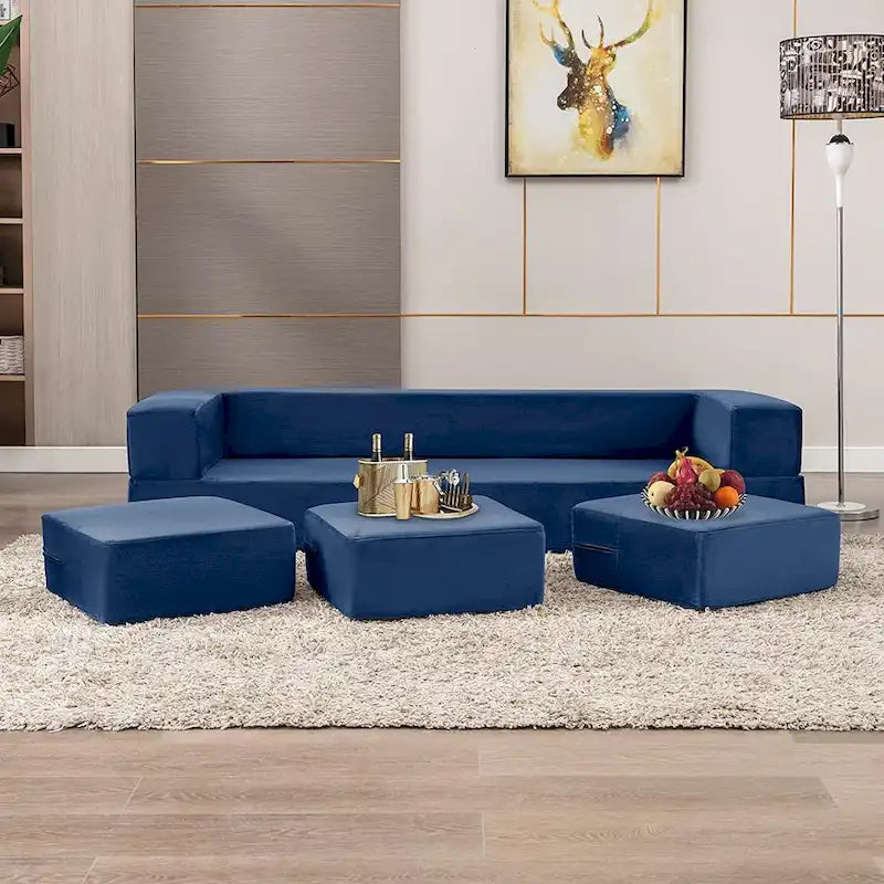 Queen Convertible Velvet Futon Sofa Bed with 3 Ottomans,Memory Foam,Foldable Mattress Floor Couch Sofa