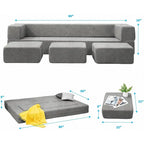 Queen Convertible Velvet Futon Sofa Bed with 3 Ottomans,Memory Foam,Foldable Mattress Floor Couch Sofa