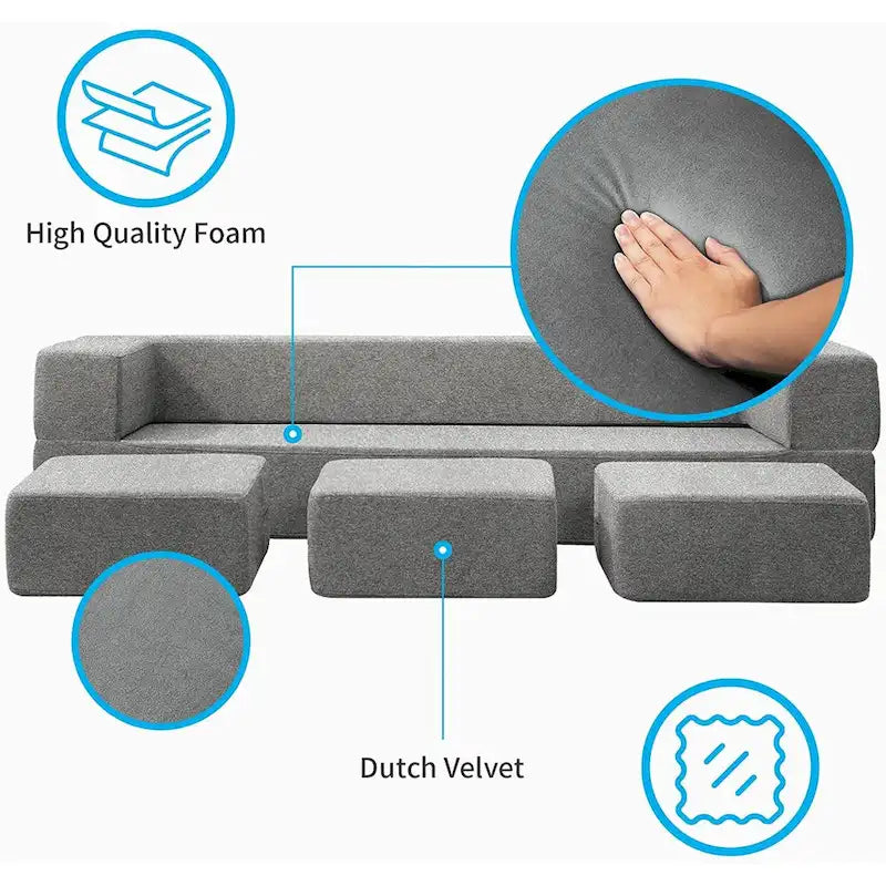 Queen Convertible Velvet Futon Sofa Bed with 3 Ottomans,Memory Foam,Foldable Mattress Floor Couch Sofa
