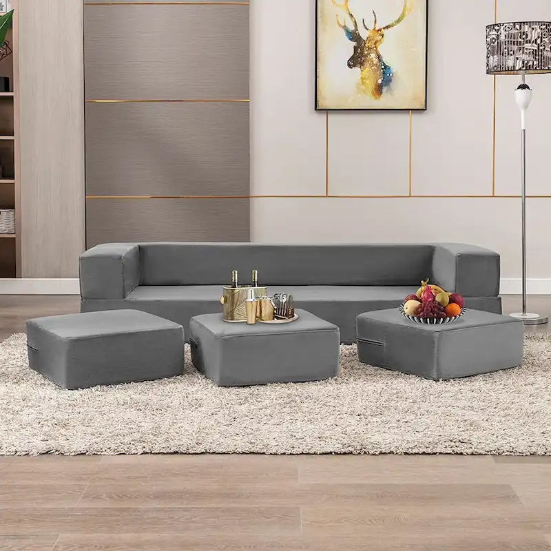 Queen Convertible Velvet Futon Sofa Bed with 3 Ottomans,Memory Foam,Foldable Mattress Floor Couch Sofa