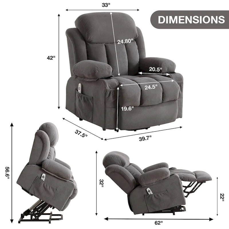 Power Lift Chairs Recliners, Heat & Massage, USB Port, Remote Control