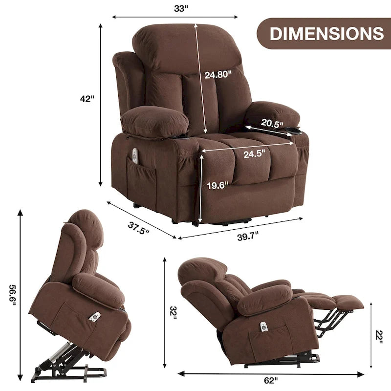 Power Lift Chairs Recliners, Heat & Massage, USB Port, Remote Control