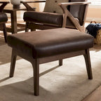 Brown Faux Leather Ottoman with Wood Legs