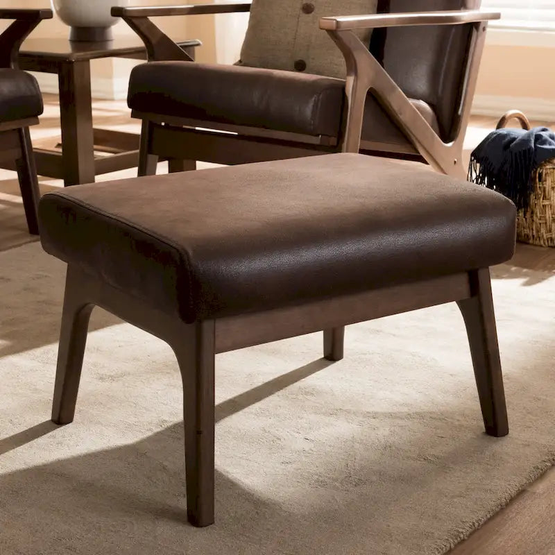 Brown Faux Leather Ottoman with Wood Legs