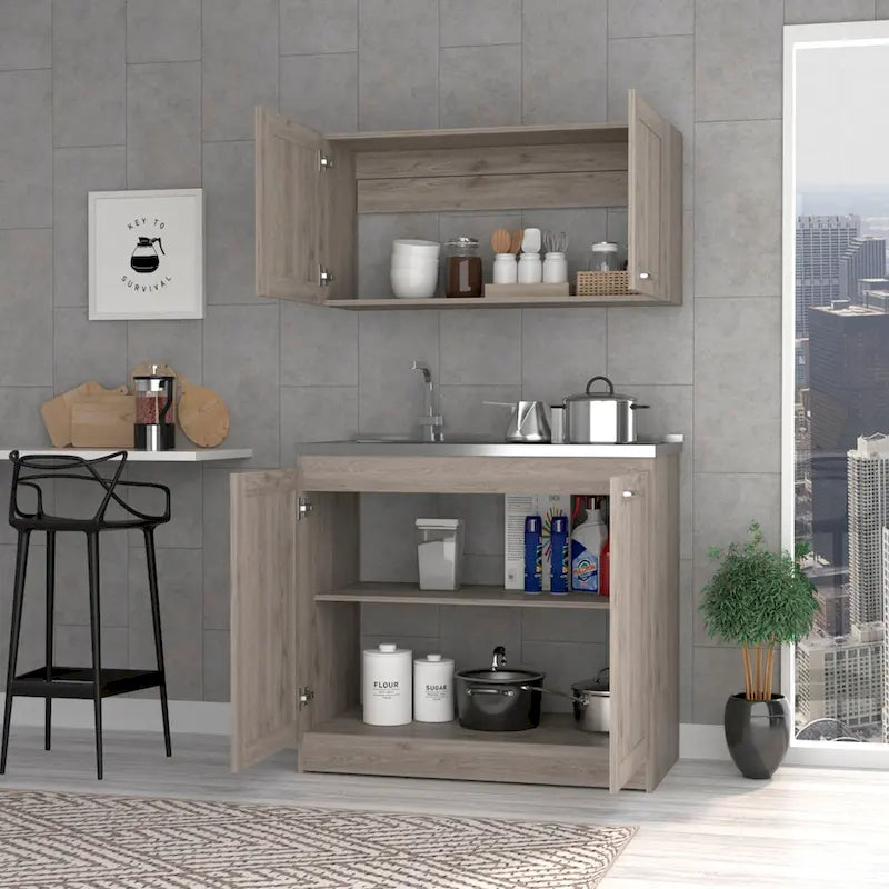 Kitchen Cabinet with Doors - White/Black/Grey - 2 Person