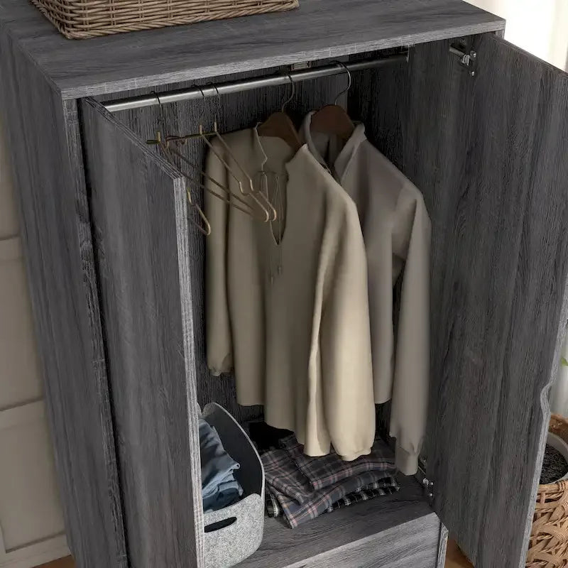 Distressed Grey Mid-Century 1-Drawer Wardrobe Armoire