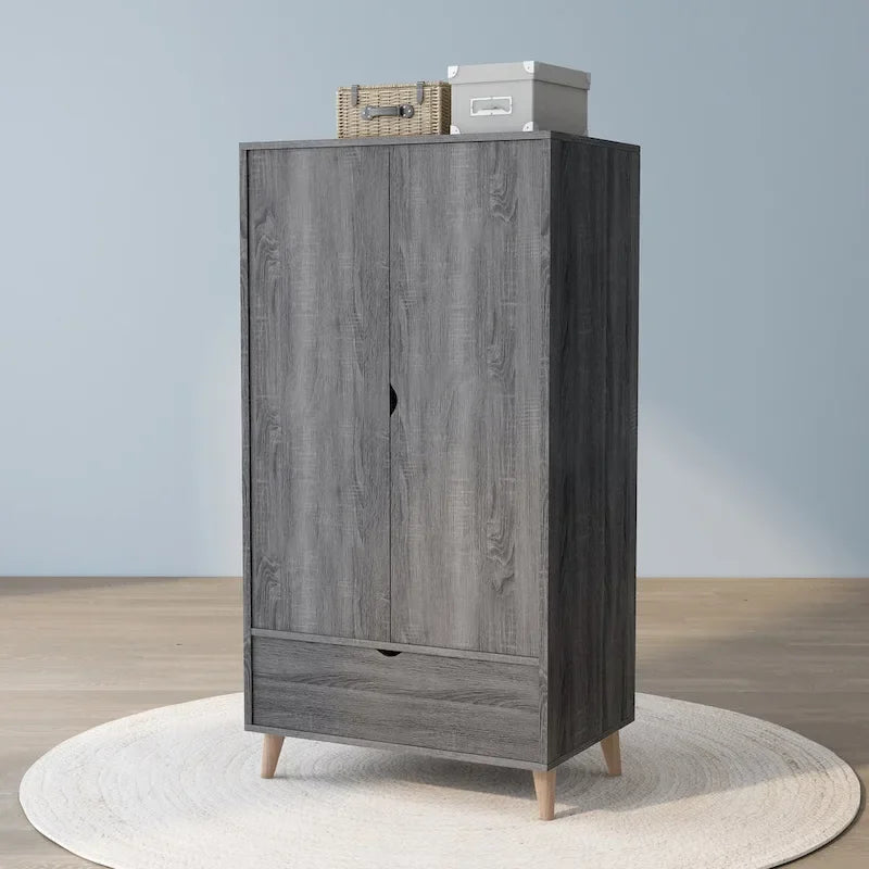 Distressed Grey Mid-Century 1-Drawer Wardrobe Armoire