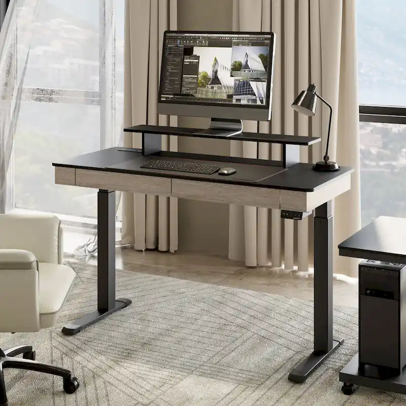Ergonomic Home Office Electric Height Adjustable Standing Desk with 2 Drawers & Monitor Stand