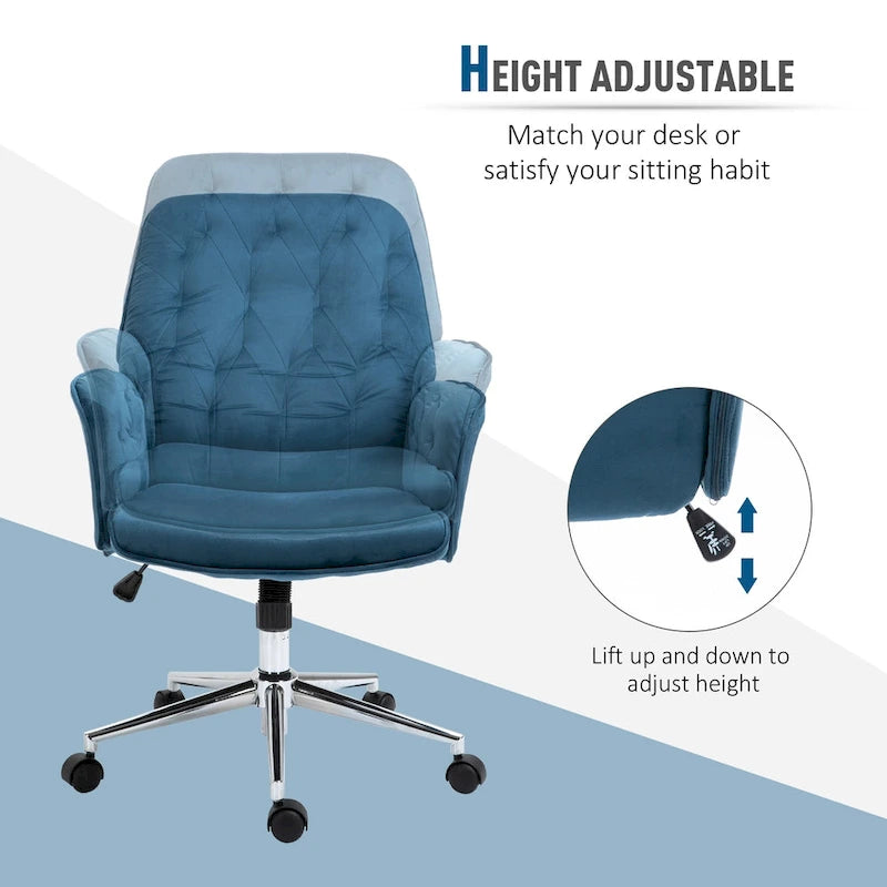 Blue Velvet Mid-Back Office Chair with Arms, Swivel & Adjustable Height