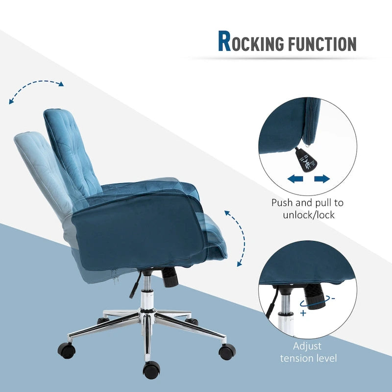 Blue Velvet Mid-Back Office Chair with Arms, Swivel & Adjustable Height