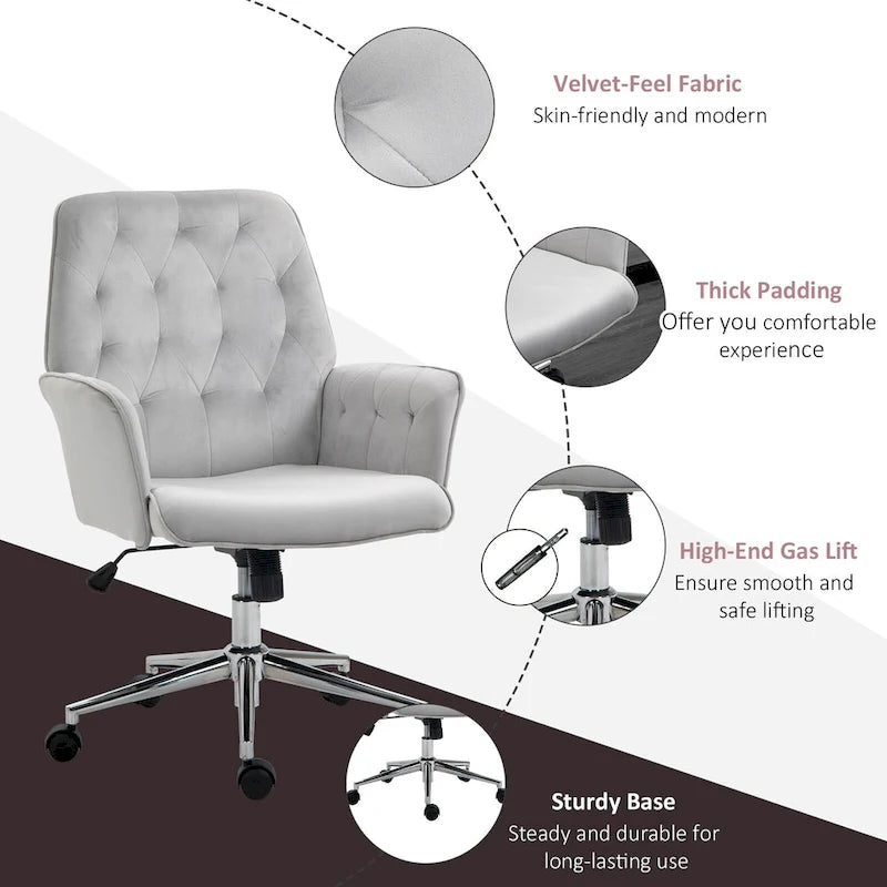 Blue Velvet Mid-Back Office Chair with Arms, Swivel & Adjustable Height