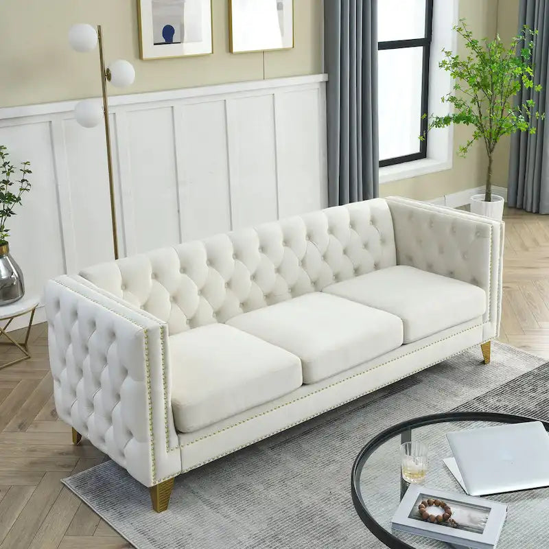 Velvet Sofa for Living Room,Buttons Tufted Square Arm Couch, Modern Couch Upholstered Button and Me