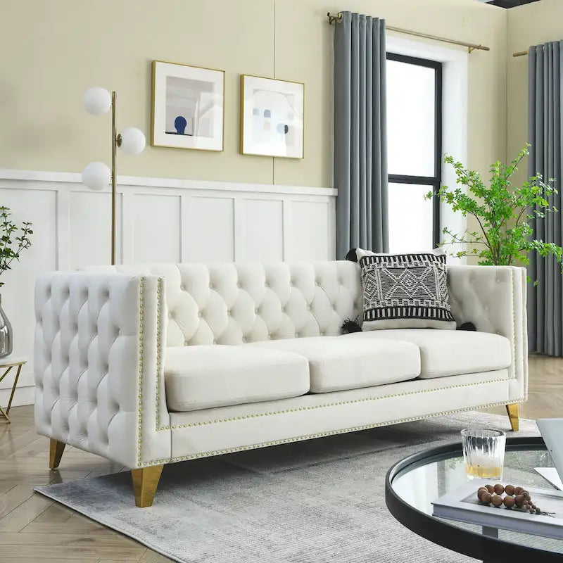 Velvet Sofa for Living Room,Buttons Tufted Square Arm Couch, Modern Couch Upholstered Button and Me