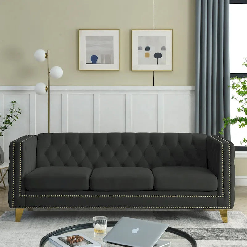 Velvet Sofa for Living Room,Buttons Tufted Square Arm Couch, Modern Couch Upholstered Button and Me