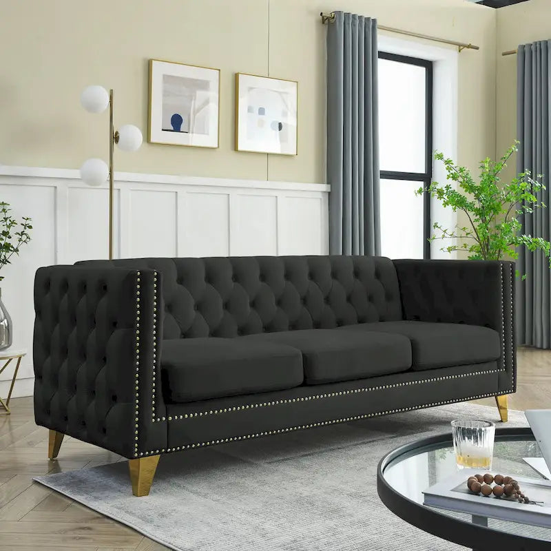 Velvet Sofa for Living Room,Buttons Tufted Square Arm Couch, Modern Couch Upholstered Button and Me