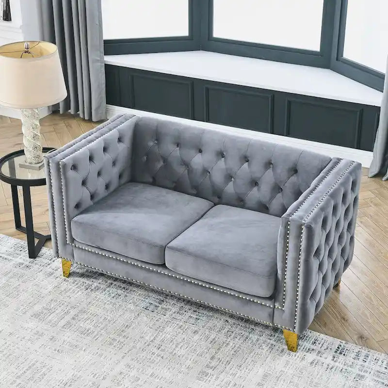 Velvet Sofa for Living Room,Buttons Tufted Square Arm Couch, Modern Couch Upholstered Button and Me