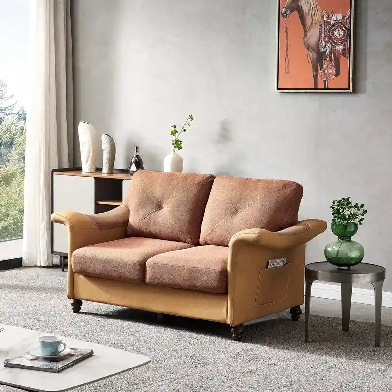 Linen Fabric Faux Leather Sofa with Two Removable Storage Boxes