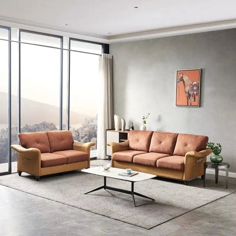 Linen Fabric Faux Leather Sofa with Two Removable Storage Boxes