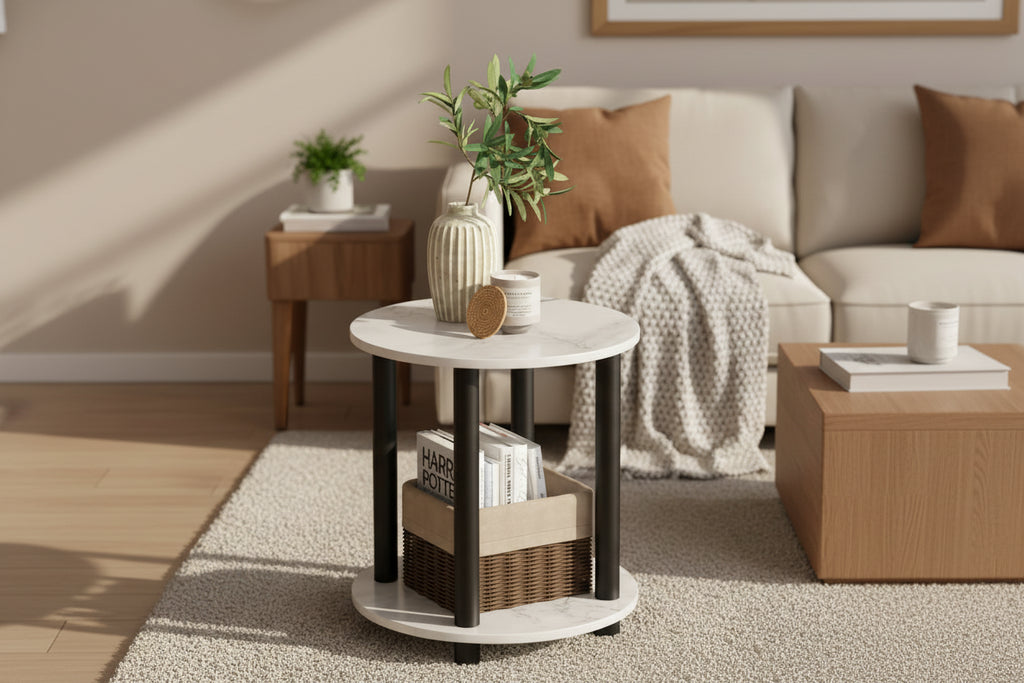 2-Tier Round End Table, Marble White
