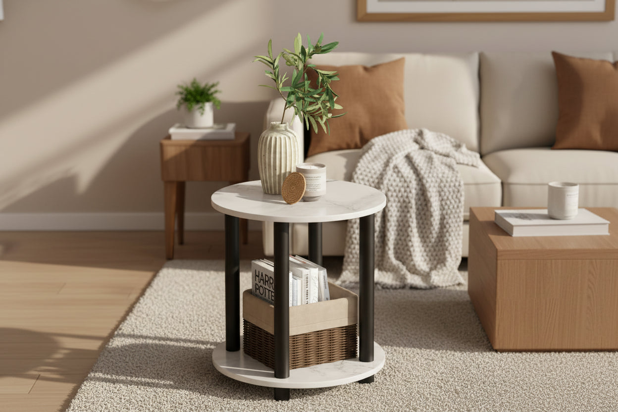 2-Tier Round End Table, Marble White
