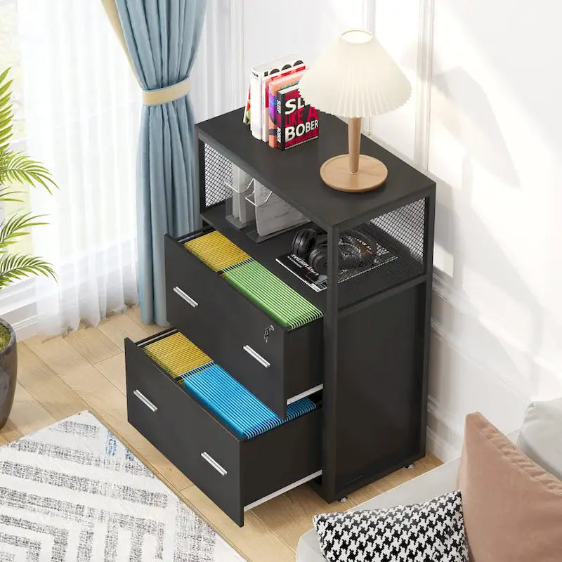 Walnut Black 2-Drawer Lateral File Cabinet with Open Shelves