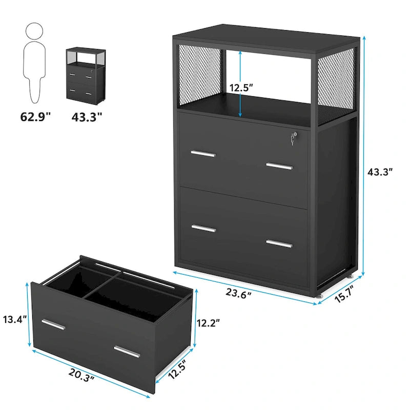 Walnut Black 2-Drawer Lateral File Cabinet with Open Shelves