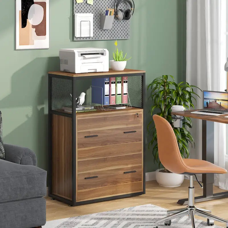 Walnut Black 2-Drawer Lateral File Cabinet with Open Shelves