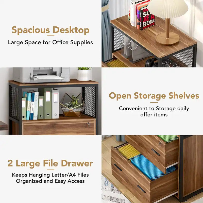 Walnut Black 2-Drawer Lateral File Cabinet with Open Shelves